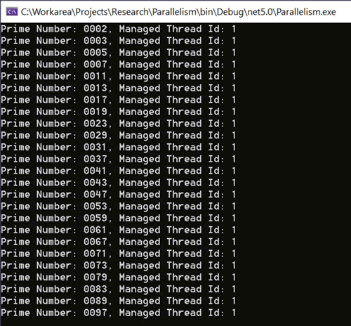 C#調用GetPrimeNumbersConcurrent方法來檢索1到100之間的所有質數(shù)
